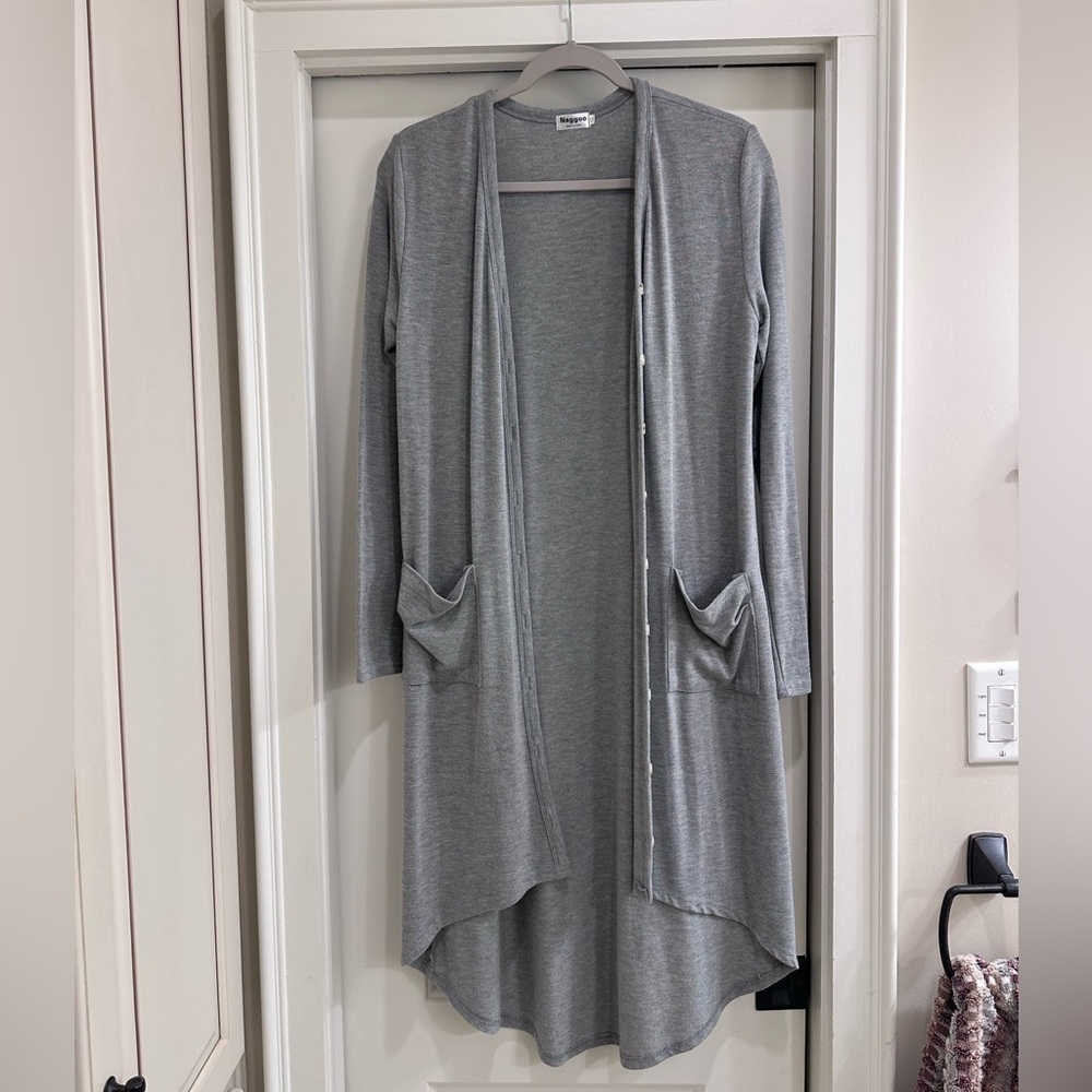 Naggoo Long Button Down High Low Solid Knit Loose Cardigan with Pockets - Picture 2 of 8